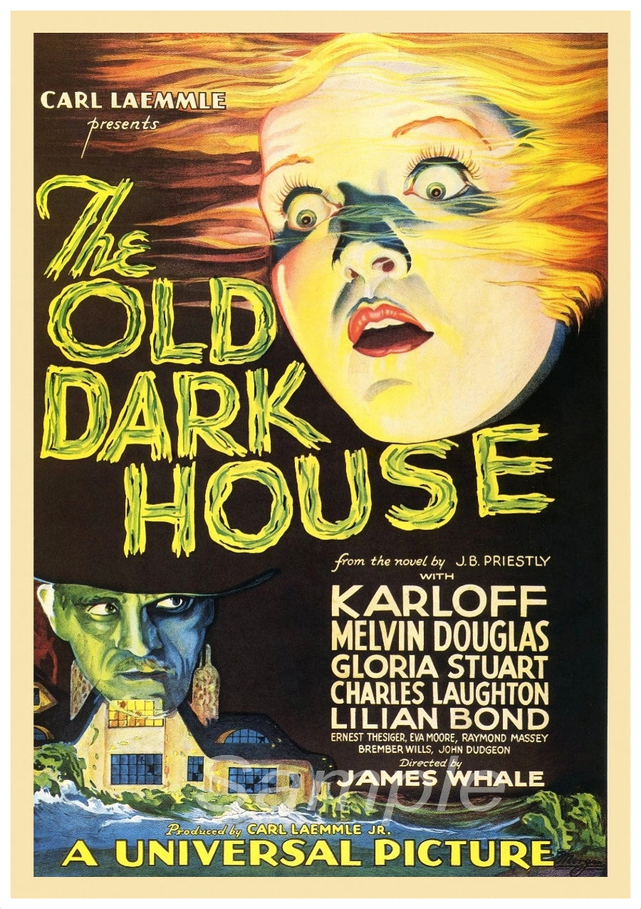Vintage movie poster print of 'The Old Dark House' featuring illustrated images of characters and a spooky house, with a predominantly yellow and black color scheme.
