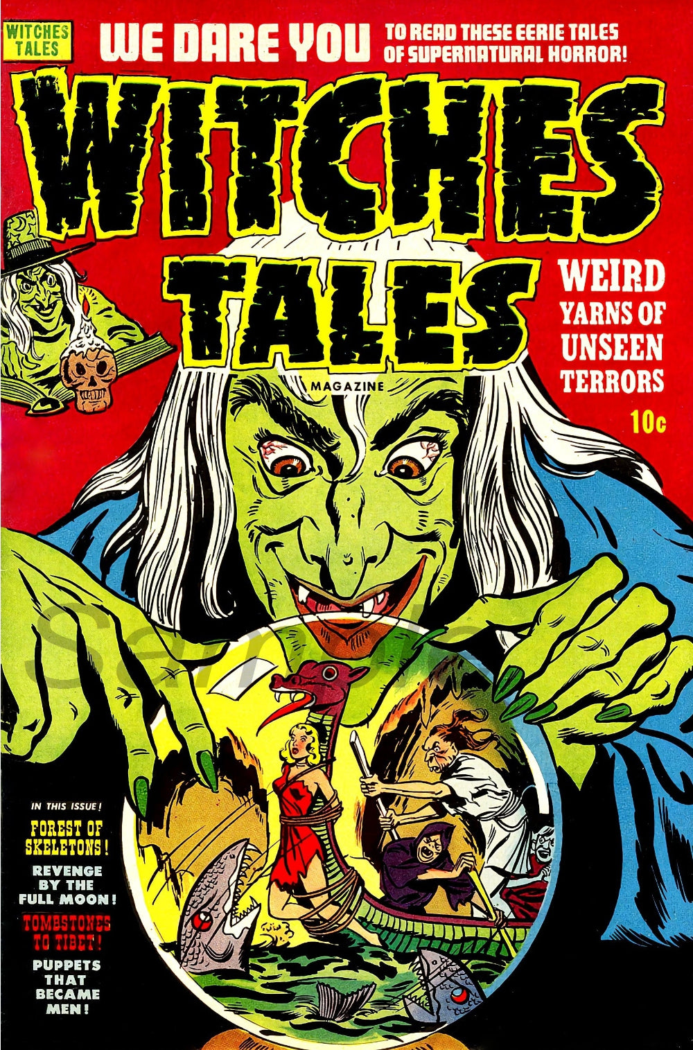 Vintage style poster of Witches Tales comic with a illustrated witch on the cover, in colors red, green, blue and yellow.