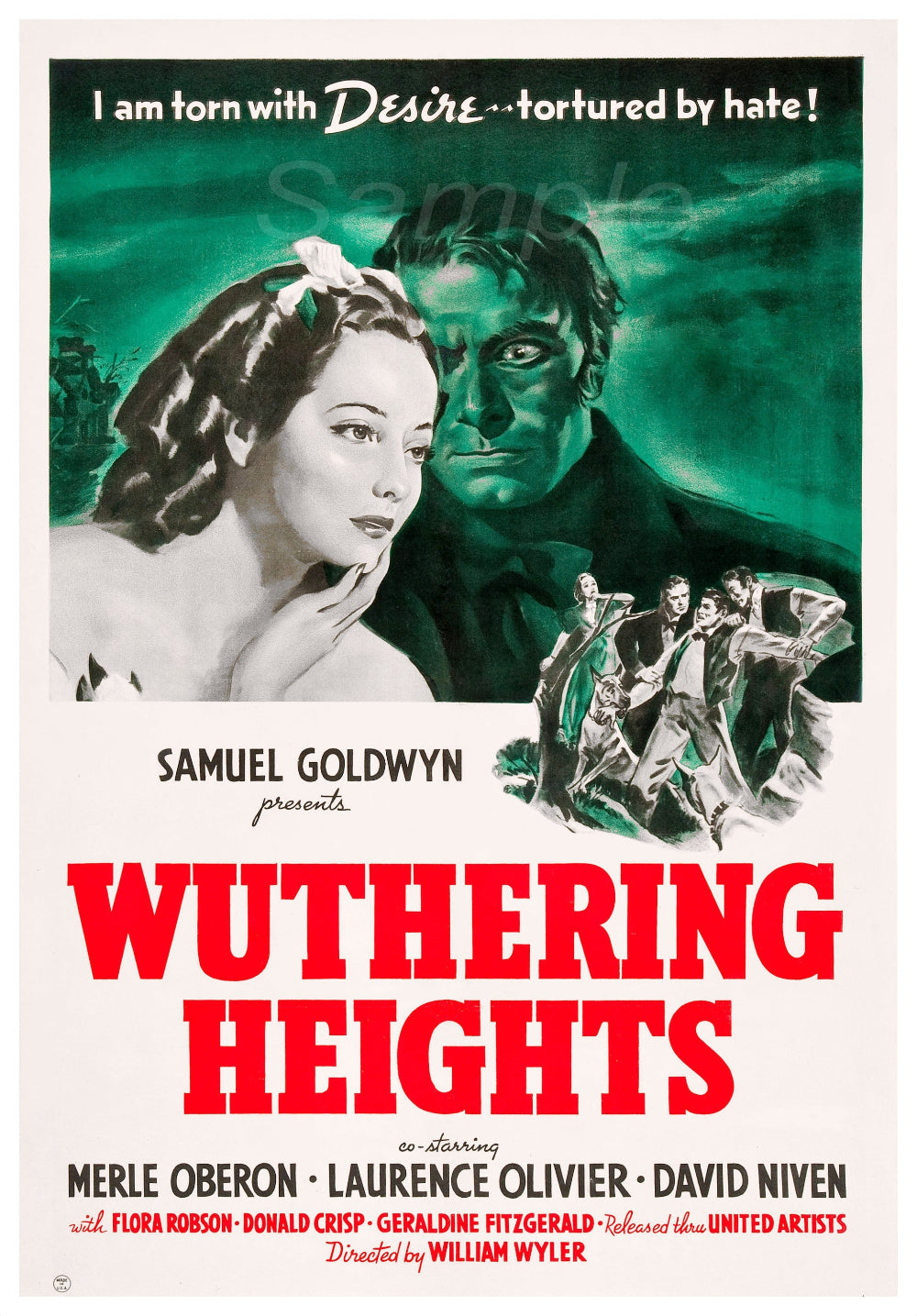 Vintage movie poster print of the film 'Wuthering Heights' featuring images of the main characters.