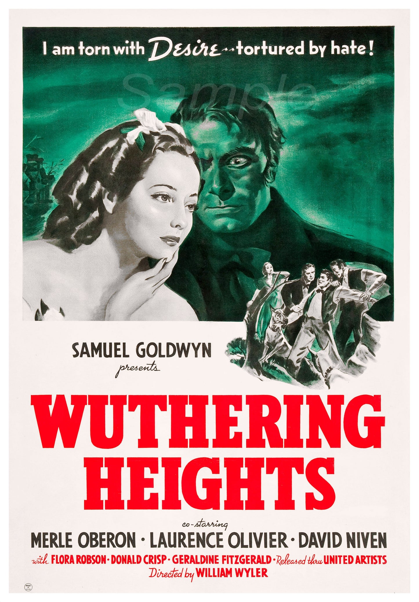 Vintage movie poster print of the film 'Wuthering Heights' featuring images of the main characters.