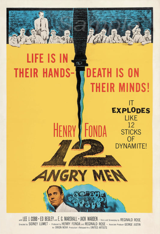 Vintage movie poster print for the film '12 Angry Men' featuring a yellow background with images of men holding sticks of dynamite, text including the movie title and a quote, and a photo of Henry Fonda.