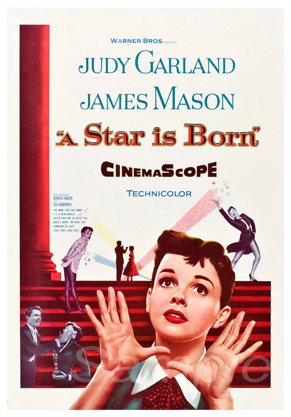Vintage movie poster for 'A Star is Born' featuring Judy Garland and James Mason, with a red background and the text 'CinemaScope Technicolor'. The poster is designed to be framed.