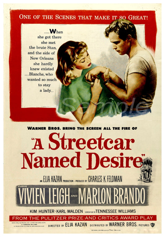 Vintage movie poster for 'A Streetcar Named Desire' featuring a couple embracing.