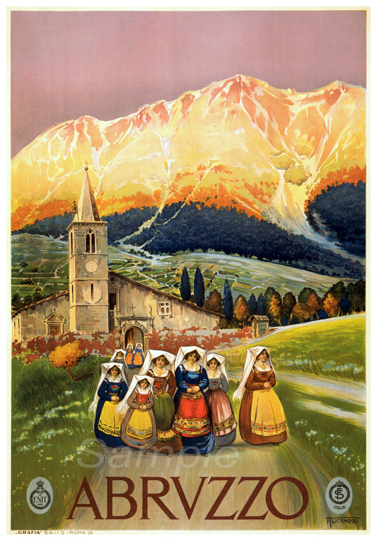 Vintage-style poster of Abruzzo with women in traditional dresses and mountains in the background