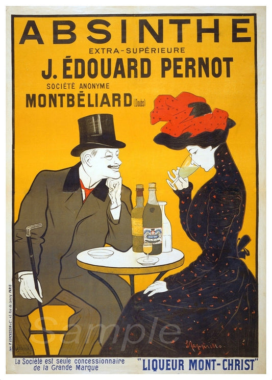 A vintage style poster depicting a man and woman sitting at a table with a bottle of absinthe and a glass. The woman is leaning towards the man, and both are looking in the direction of the viewer.