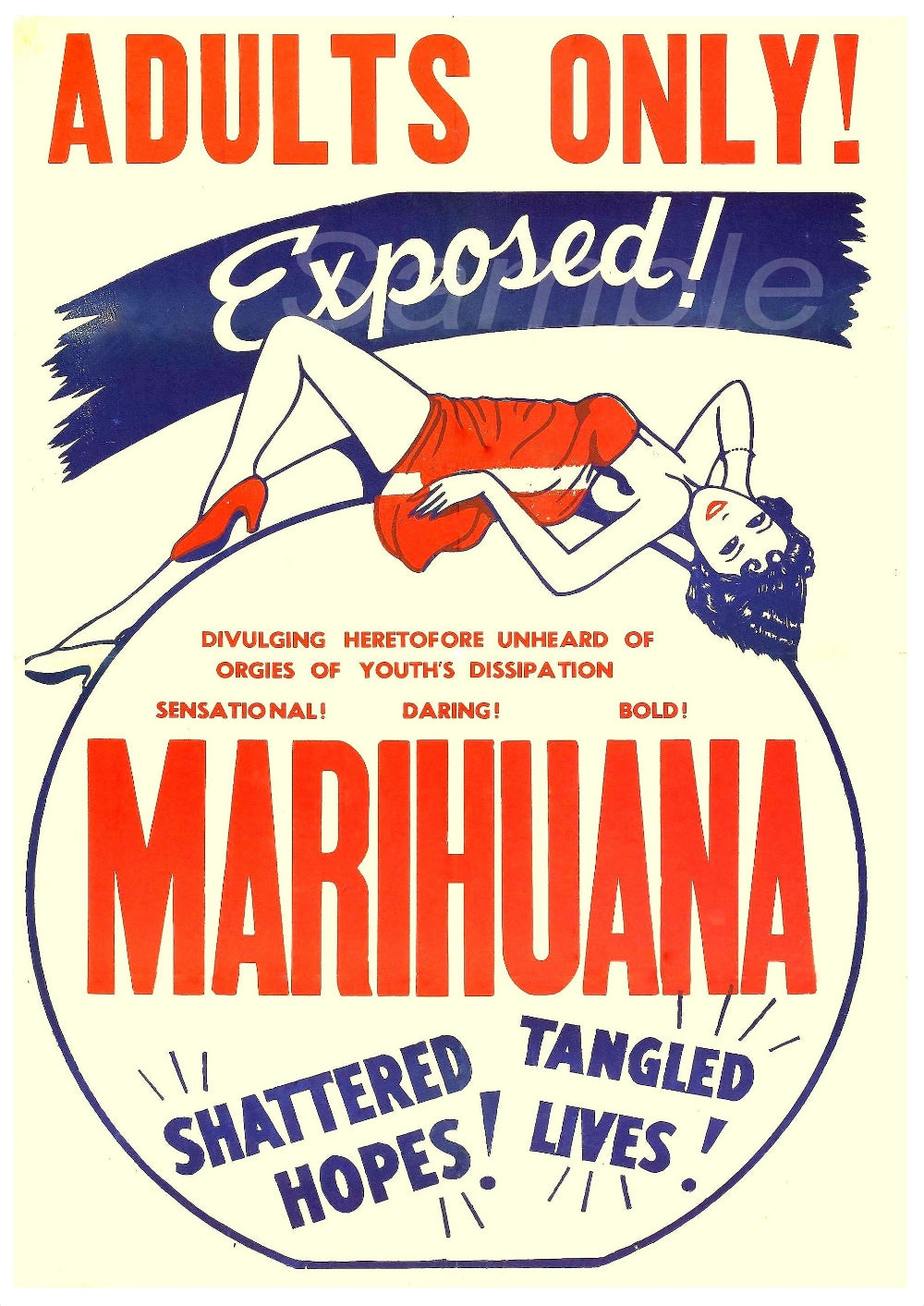 Vintage-style poster with text 'Adults Only! Exposed! Marihuana Shattered Hopes! Tangled Lives!' featuring a stylized woman.