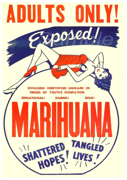 Vintage-style poster with text 'Adults Only! Exposed! Marihuana Shattered Hopes! Tangled Lives!' featuring a stylized woman.