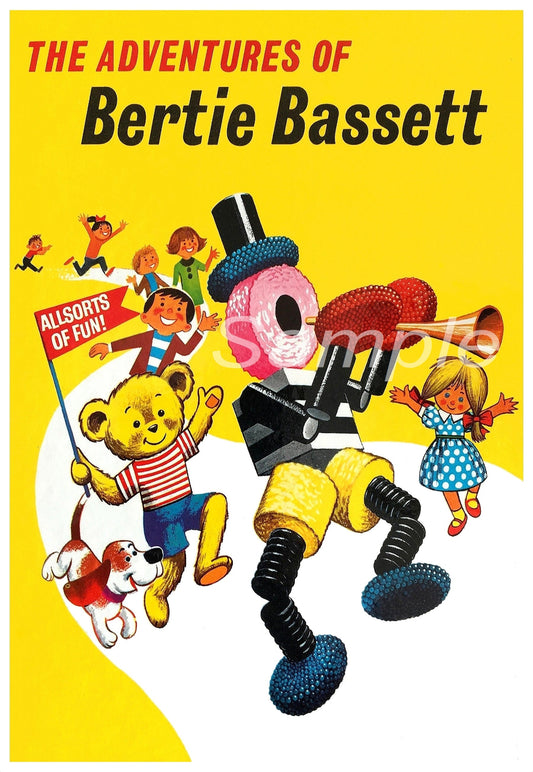 Vintage advertising poster featuring a cartoon bear character named Bertie Bassett, surrounded by various playful illustrations of animals and children.