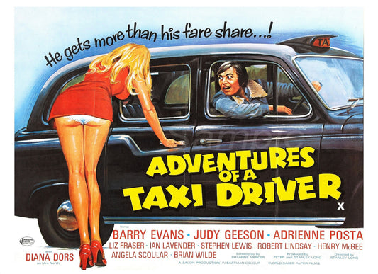 Vintage style movie poster for 'Adventures of a Taxi Driver' featuring a woman in a red dress climbing into a black taxi, with the film's title and a list of stars including Barry Evans, Judy Geeson, and Adrianne Pasta.