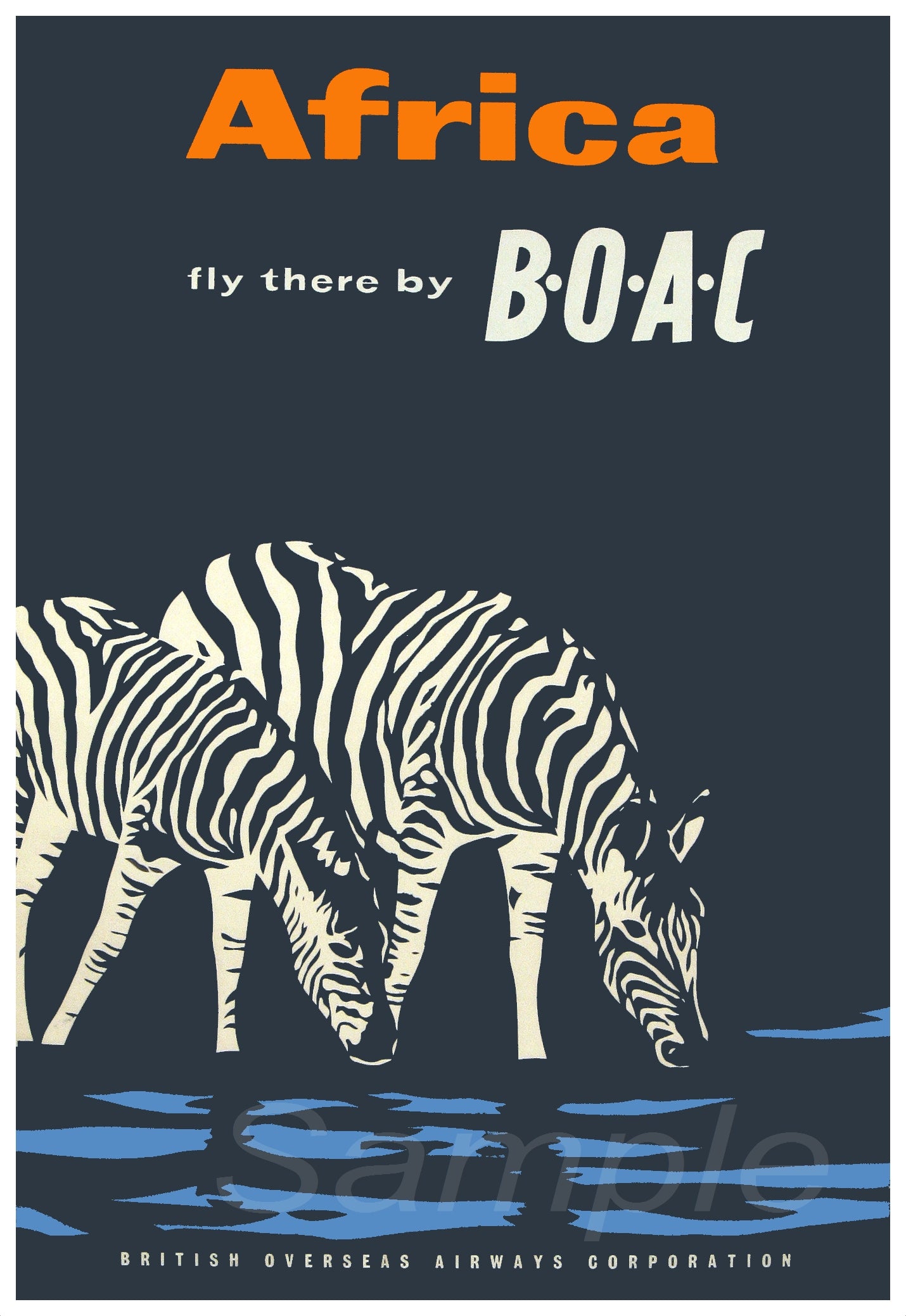 A vintage travel poster featuring two zebras drinking water with the text 'Africa' and 'fly there by BOAC' printed on it.