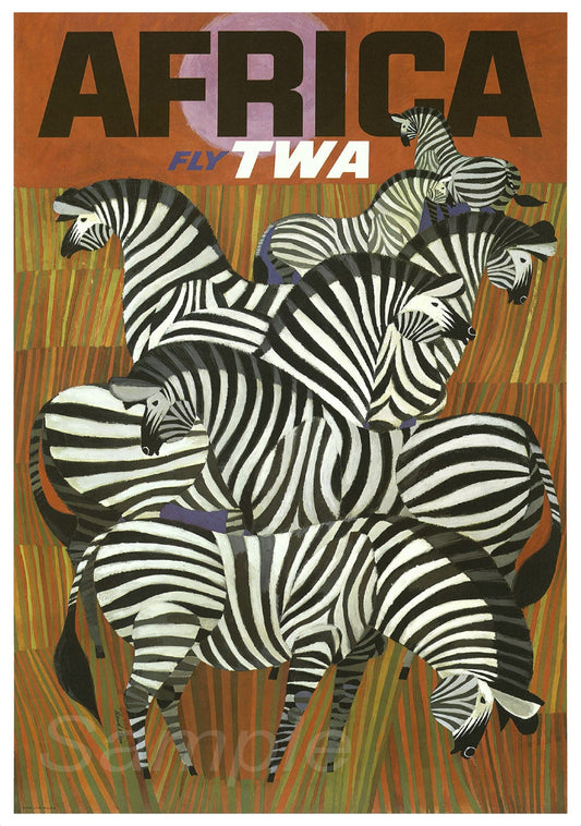 A vintage style travel poster featuring a group of zebras in a grassy landscape with the text 'AFRICA Fly TWA' at the top.