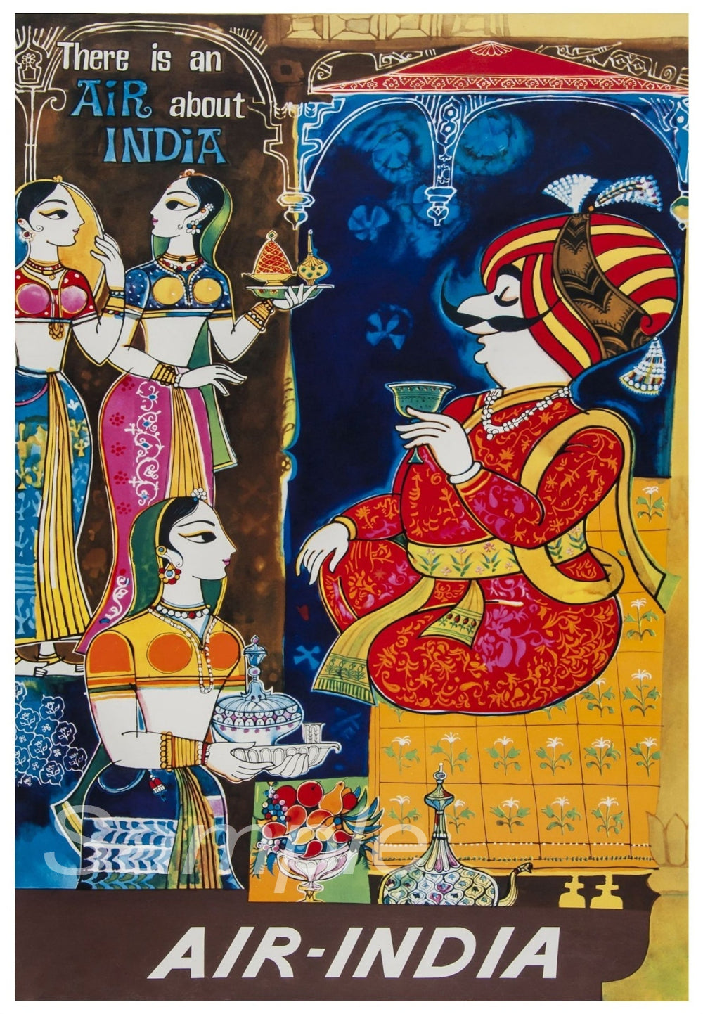 A vintage Air India travel poster featuring illustrated scenes of Indian culture and attire.