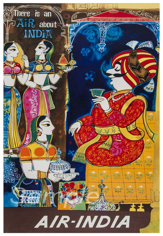 A vintage Air India travel poster featuring illustrated scenes of Indian culture and attire.
