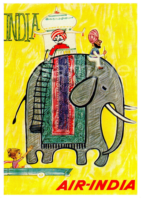 A vintage Air-India travel poster featuring an illustration with a person sitting on it, against a yellow background with the text 'INDIA' and 'AIR-INDIA' featured prominently.