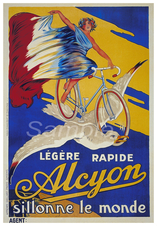 Vintage advertising poster featuring a person on a bicycle with a seagull above, and the text 'Alcyon, L'histoire Rapide et Agile' with a yellow and blue backdrop.