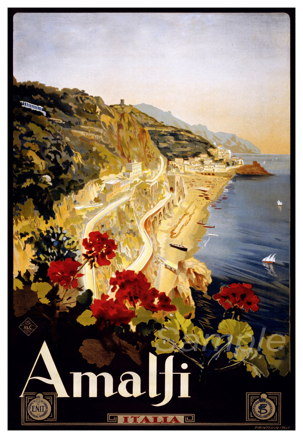 A vintage travel poster print depicting the Amalfi Coast in Italy, with a scenic view of the town and flowers in the foreground.