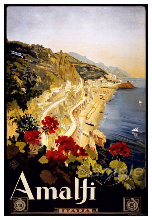 A vintage travel poster print depicting the Amalfi Coast in Italy, with a scenic view of the town and flowers in the foreground.