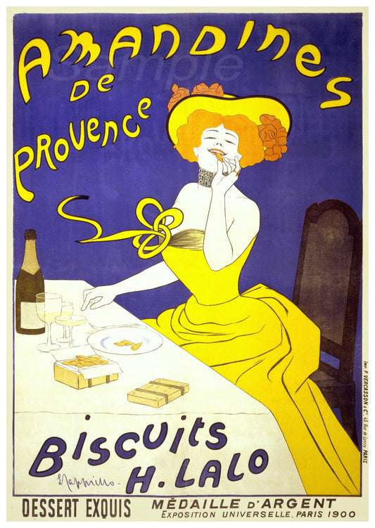 Vintage advertisement poster for Amandines de Provence Biscuits H. Lalo with a woman in a yellow dress.