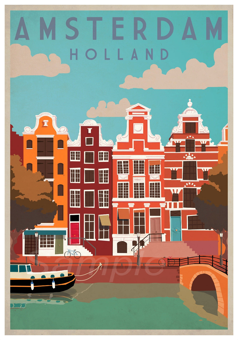 A colorful vintage travel poster depicting Amsterdam, Holland with iconic buildings and a canal scene.