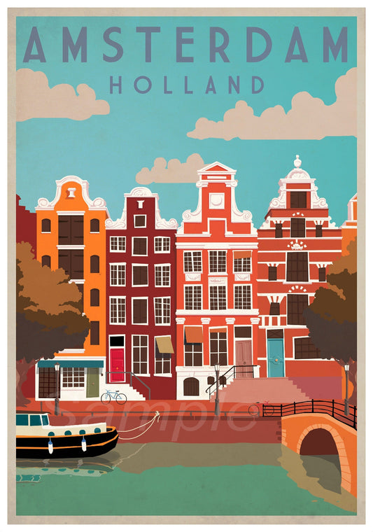 A colorful vintage travel poster depicting Amsterdam, Holland with iconic buildings and a canal scene.
