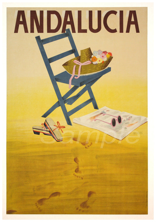 Vintage style travel poster for Andalucia, Spain, featuring a colorful graphic of a ladder, sun, and flowers with the text 'Andalucia' on a yellow background.