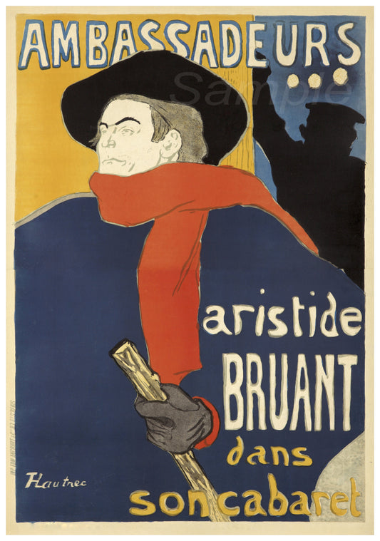 Vintage advertising poster featuring a stylized depiction of a man in a hat with a red scarf, surrounded by a colorful backdrop, with text that includes 'Aristide Bruant' and 'Son Cabaret'.