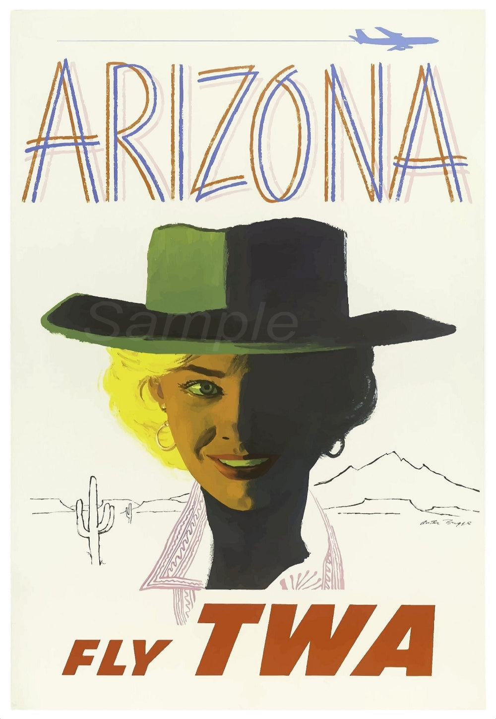 A vintage style travel poster print depicting a woman in a hat with 'Arizona' and 'Fly TWA' text.