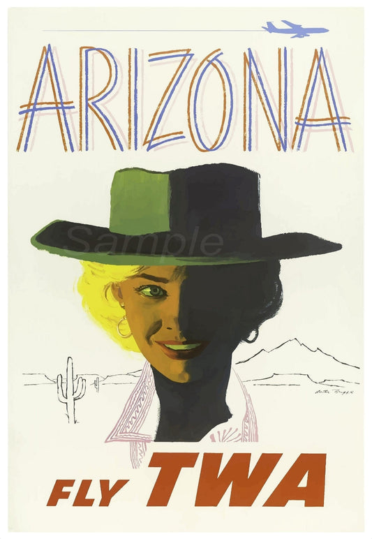 A vintage style travel poster print depicting a woman in a hat with 'Arizona' and 'Fly TWA' text.