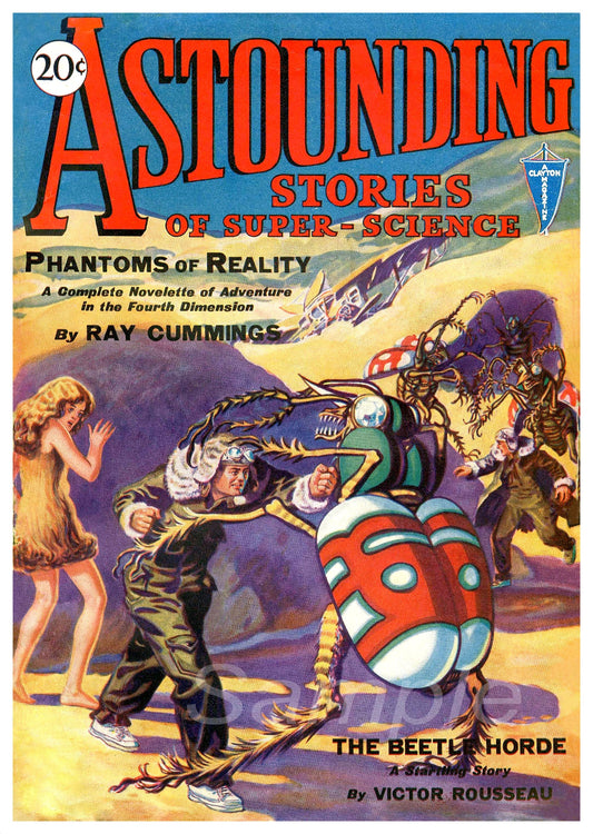 Vintage style advertising poster for 'Astounding Stories of Super Science' featuring a fantasy landscape and characters engaging in an adventure.