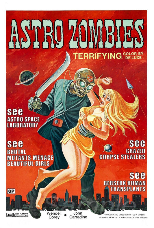 Vintage style movie poster for 'Astro Zombies' featuring a cartoonish illustration of a zombie and a human with a cityscape in the background. The poster has a red tint and text that includes the title and descriptions such as 'See Astro Zombies: Terrifying in Color by de Cloe.