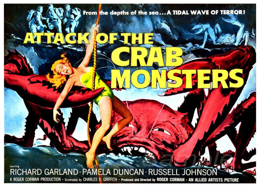 Vintage movie poster for 'Attack of the Crab Monsters' featuring a scared woman hanging from a rope with a background of red-colored crabs and a stormy sea.