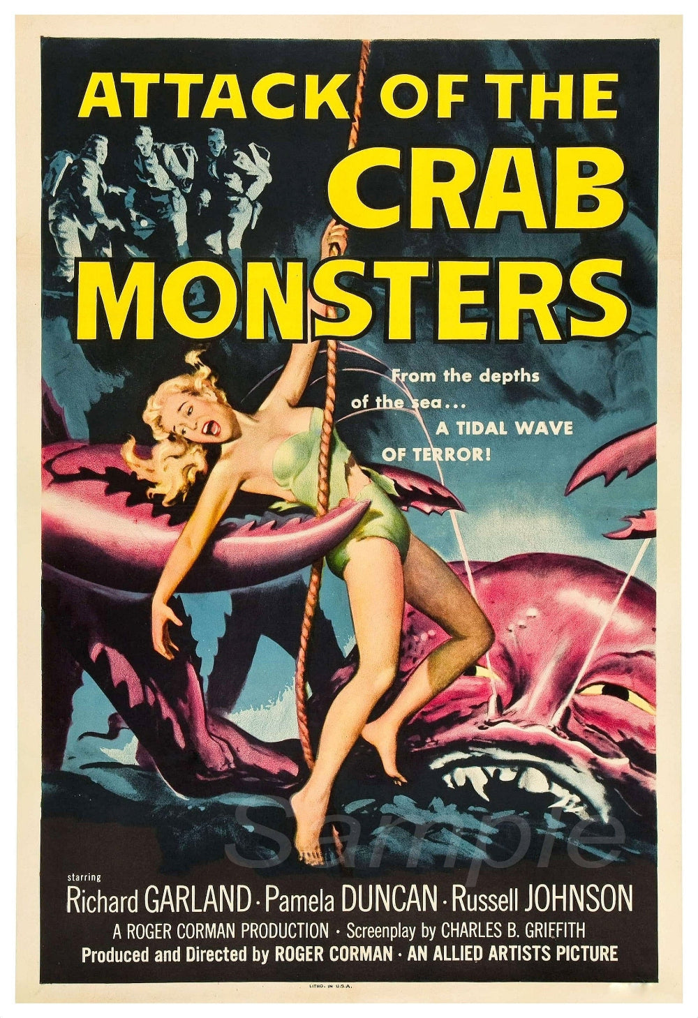Vintage movie poster for 'Attack of the Crab Monsters' featuring a woman in a swimsuit with a large crab monster in the background.