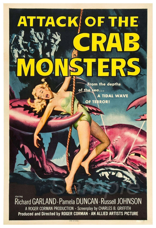 Vintage movie poster for 'Attack of the Crab Monsters' featuring a woman in a swimsuit with a large crab monster in the background.