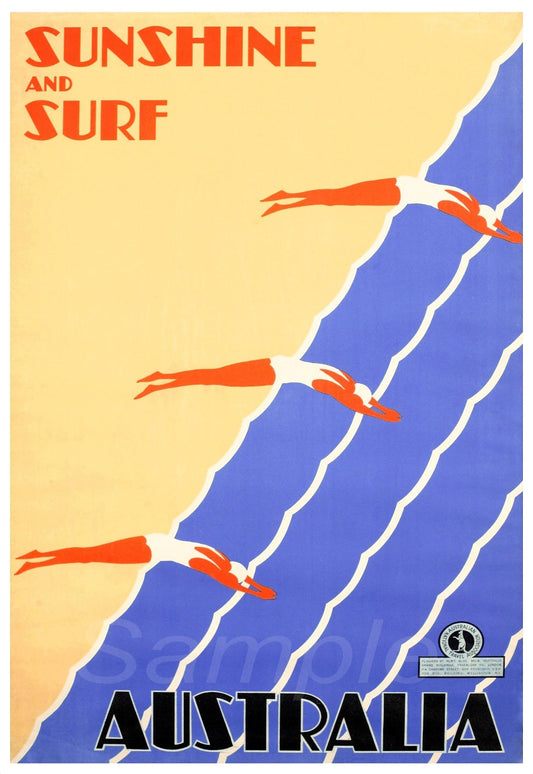 Vintage travel poster featuring silhouettes of surfers with a split blue and orange background, and text that reads 'Sunshine and Surf' along with 'Australia'.