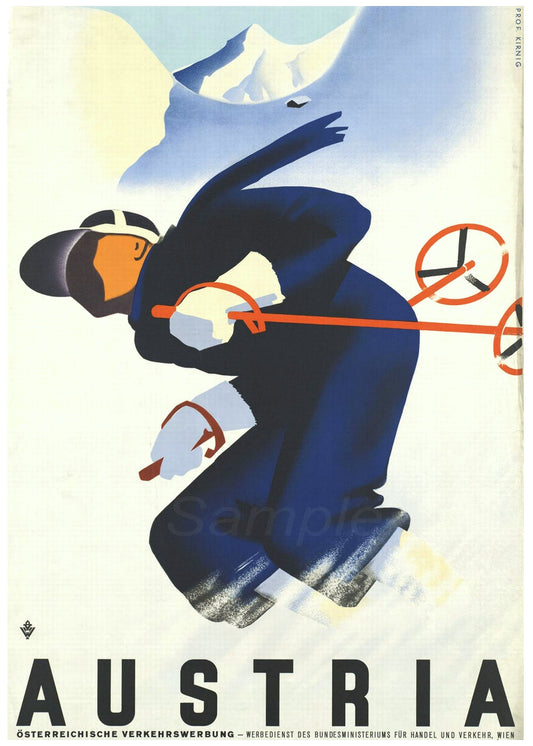 Vintage-style poster of a skier with mountains in the background, promoting Austria.