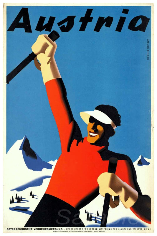 Vintage style travel poster featuring an illustration of a person in a red jacket and white cap, holding a pair of skis, with the text 'Austria' and a mountainous background.