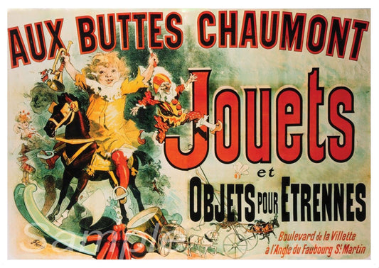 Vintage advertising poster featuring acrobat performers with a theatrical backdrop, titled 'Aux Buttes Chaumont'.