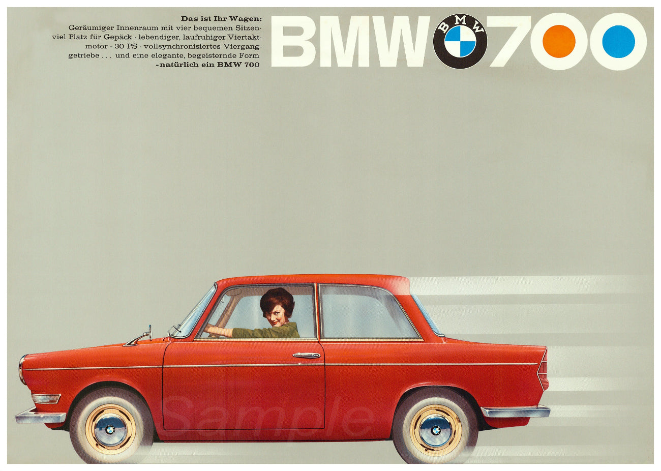 Vintage advertising poster for BMW 700 featuring a red car with the BMW logo and the text 'BMW 700' on a grey background.