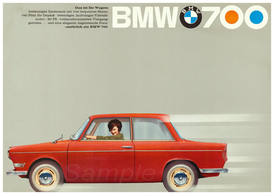 Vintage advertising poster for BMW 700 featuring a red car with the BMW logo and the text 'BMW 700' on a grey background.