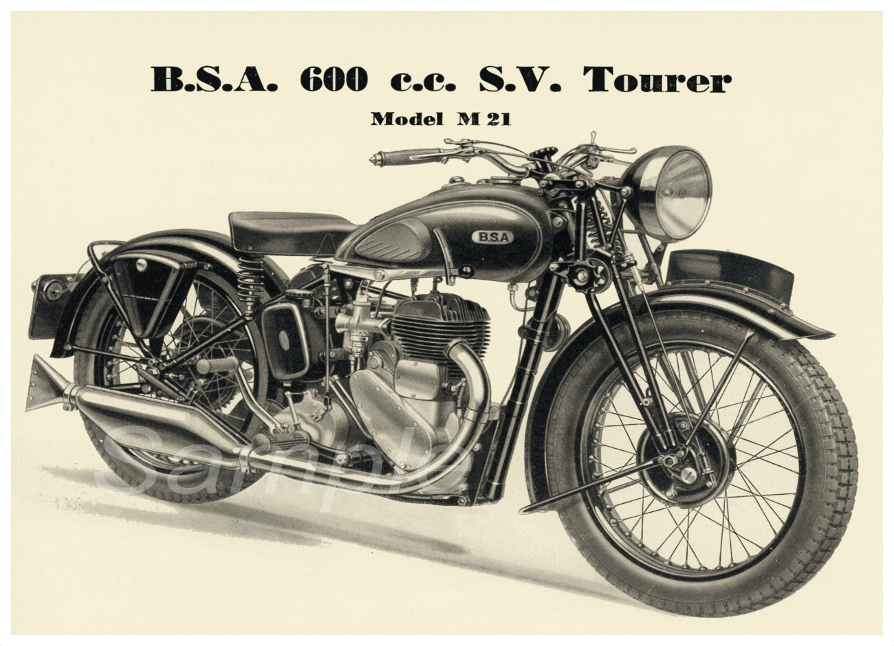 A vintage advertisement poster of the 1937 BSA 600 motorcycle, showing a black and white image of the bike with the text 'B.S.