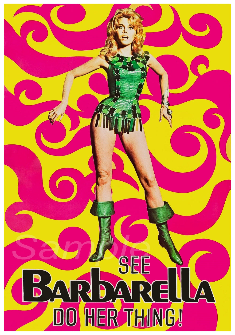 Vibrant Japanese vintage movie poster for 'Barbarella' featuring a woman in a green costume with a yellow and pink patterned background.