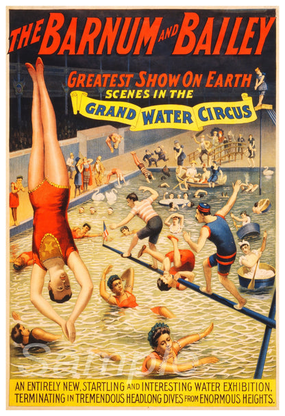 Vintage poster for Barnum & Bailey circus featuring a water circus performance.