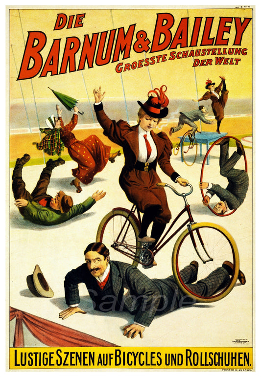 Vintage advertising poster for Barnum & Bailey featuring circus performers on bicycles and the text 'Die Baum & Bailey Groässe-Schau'ställen'.