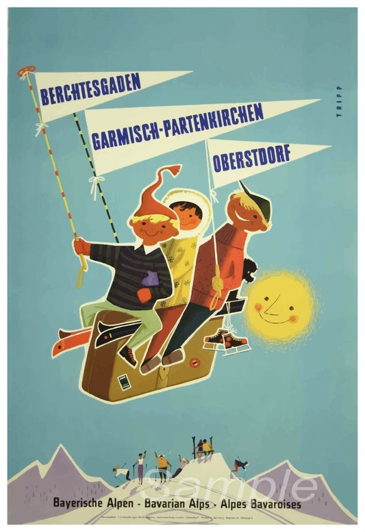 A vintage travel poster depicting a cheerful cartoon-style illustration of people on a ski lift in the Bavarian Alps, with mountains and a clear blue sky in the background.