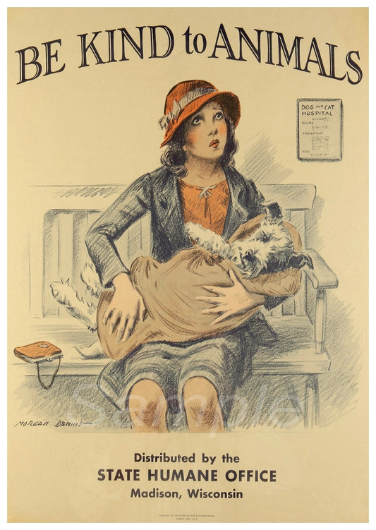 Vintage poster print featuring a cartoon illustration of a woman sitting on a bench with a dog in her arms, with the text 'BE KIND TO ANIMALS' above.