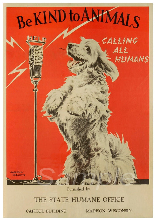 Vintage poster with a dog and microphone, advocating for animal kindness.