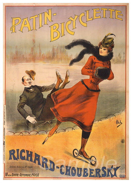 Vintage French advertising poster featuring a man and a woman on bicycles, with the woman performing a trick, and the man holding her foot. The poster has a caption that reads 'Patin-Bicéclètte' and the name 'Richard Choubésky'.