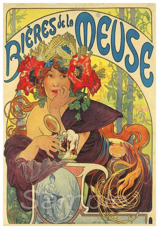 Vintage-style advertisement poster for Bières de la Meuse with a woman holding a glass of beer.