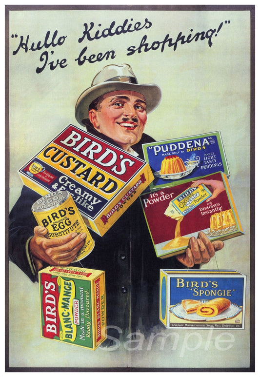 Vintage advertisement featuring a man holding various Bird's products with text 'Hallo Kiddles, I've been shopping!'.