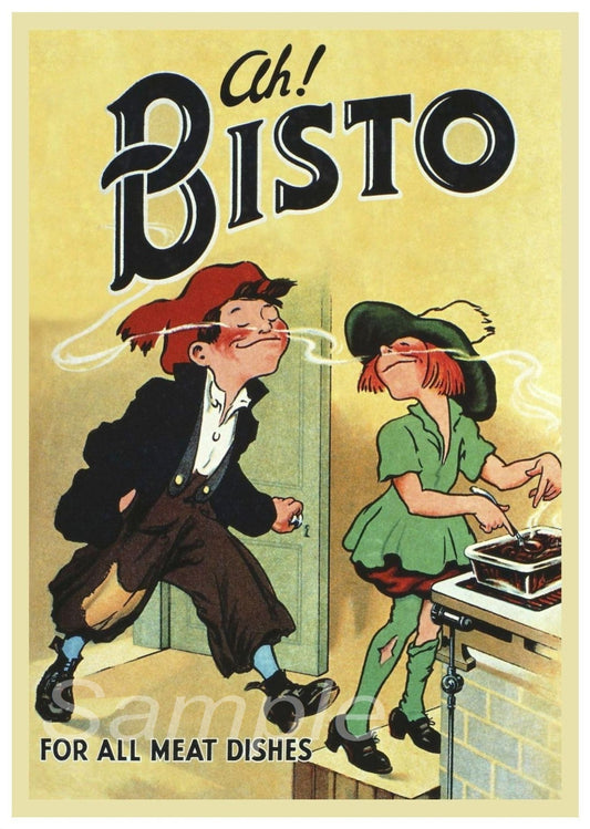A vintage style poster depicting two cartoon characters in a kitchen, with the Bisto logo prominently displayed.